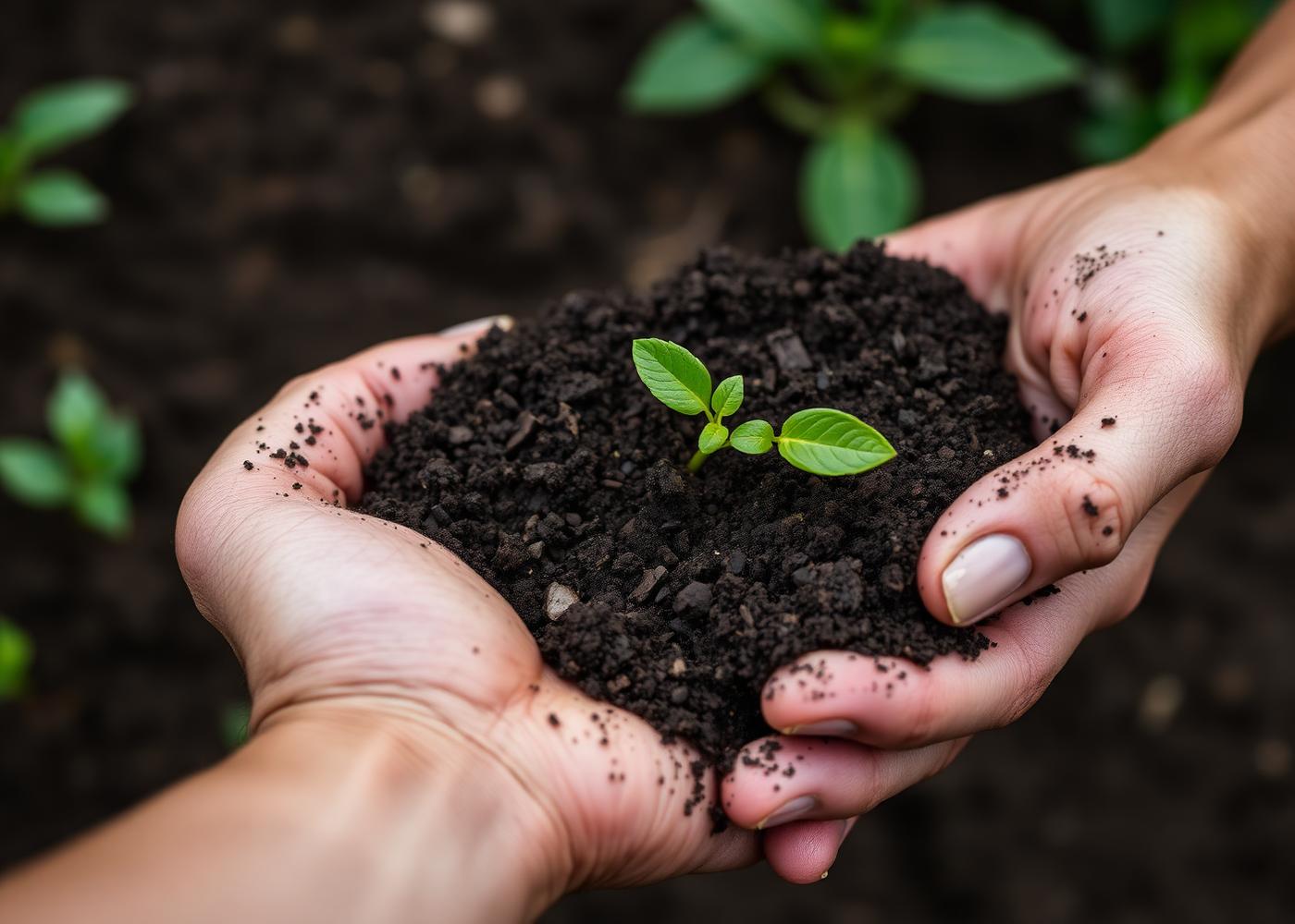 Hands holding soil with seedling